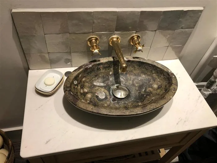 Polished fossil-stone basin with antique brass taps